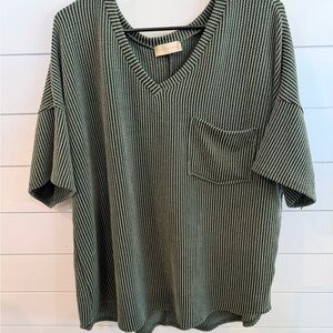 Altar'd State Green Striped V-Neck Top